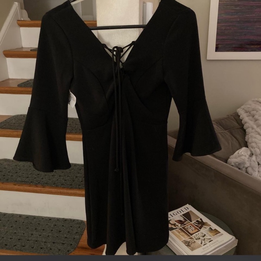 NWT, Chic Black 3/4 Sleeve Dress with Lace-Up Detail